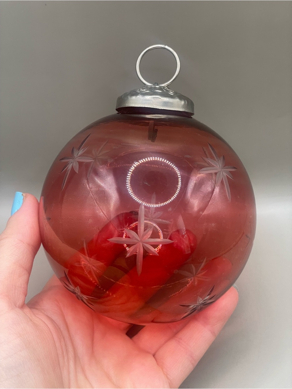 VTG Red Cut Glass Kugel Style 4” Christmas Ornament Not marked Heavy Snowflakes